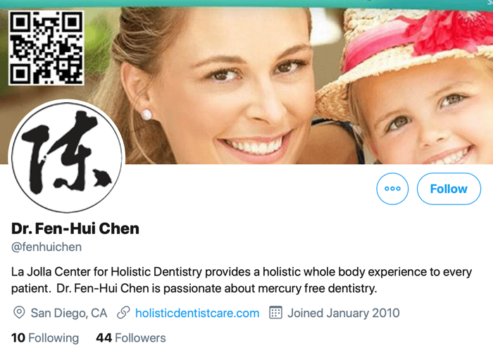 skjermbilde av twitterprofil for @fenhuichen med en lenke til hjemmesiden hennes der kontaktinformasjon og booking av avtale er tilgjengelig