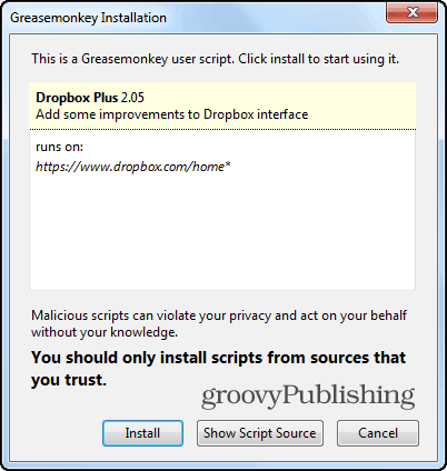 Dropbox trestruktur Firefox installere skript