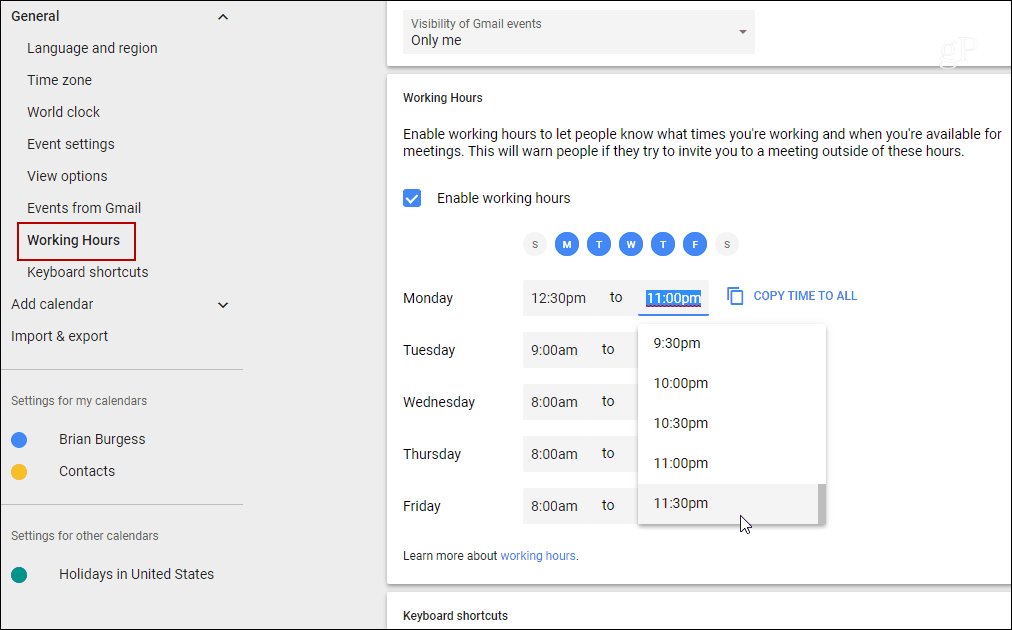 Angi arbeidstid for individuelle dager Google Kalender