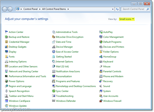 Windows 7-kontrollpanelet automatisk i visning av små ikoner