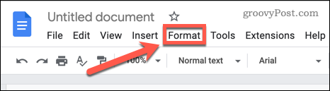Åpne Format-menyen i Google Dokumenter