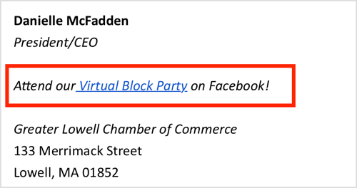 Markedsfør det virtuelle Facebook-arrangementet ditt i din e-signatur.
