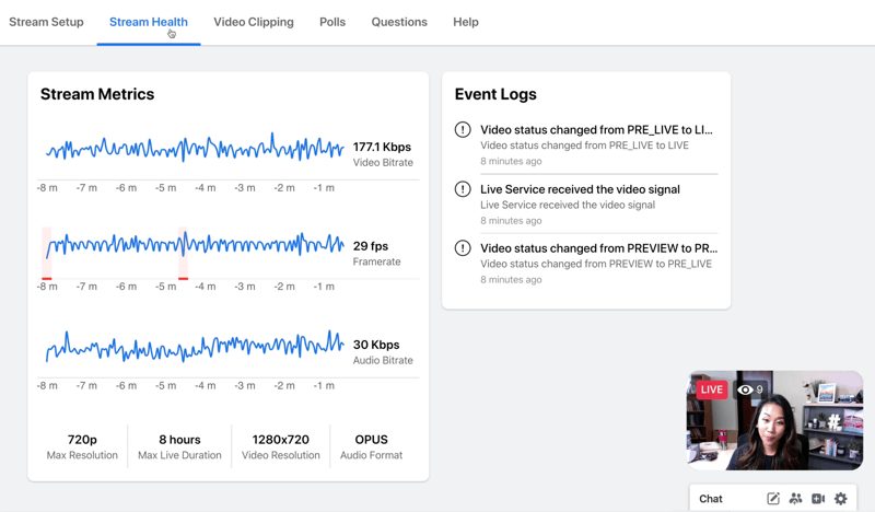 eksempel på Facebook live stream slik det ser ut til stream-verten når du ser stream-beregninger under stream-helse inkludert grafer for video-bithastighet, bildefrekvens og lyd-bitrate