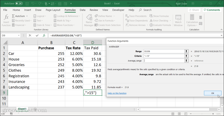 Bruker hte gemiddeldeif funksjon i Excel