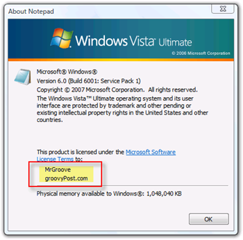 Vis eier og organisasjon for Windows Vista