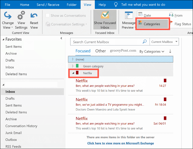 E-postmeldinger sortert etter fargekategori i Outlook