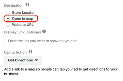 Åpne i Kart-alternativet valgt på annonsenivå i Facebook Ads Manager