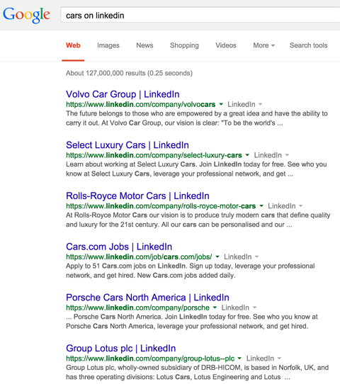 Linkedins selskapsside resulterer i google-søkeresultater for biler på linkedin