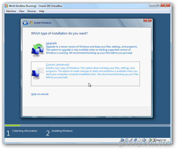 VirtualBox Windows 8 velger tilpasset installasjon
