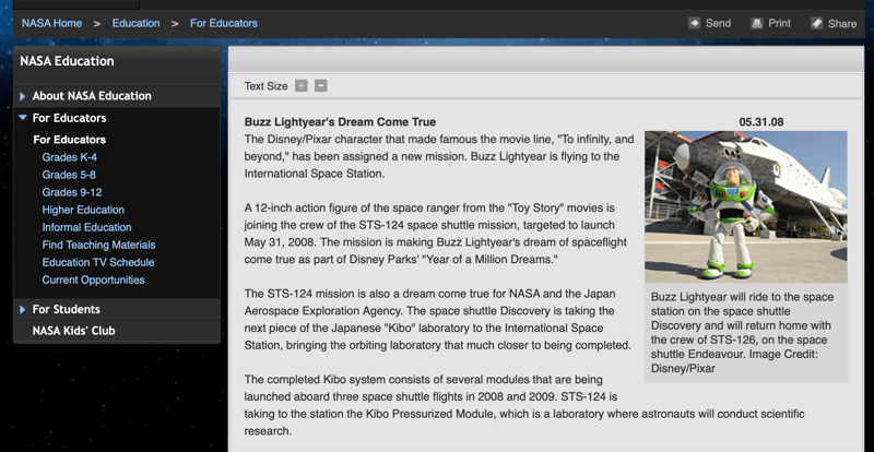 Nasa-artikkel om Buzz Lightyear-leketøy i verdensrommet