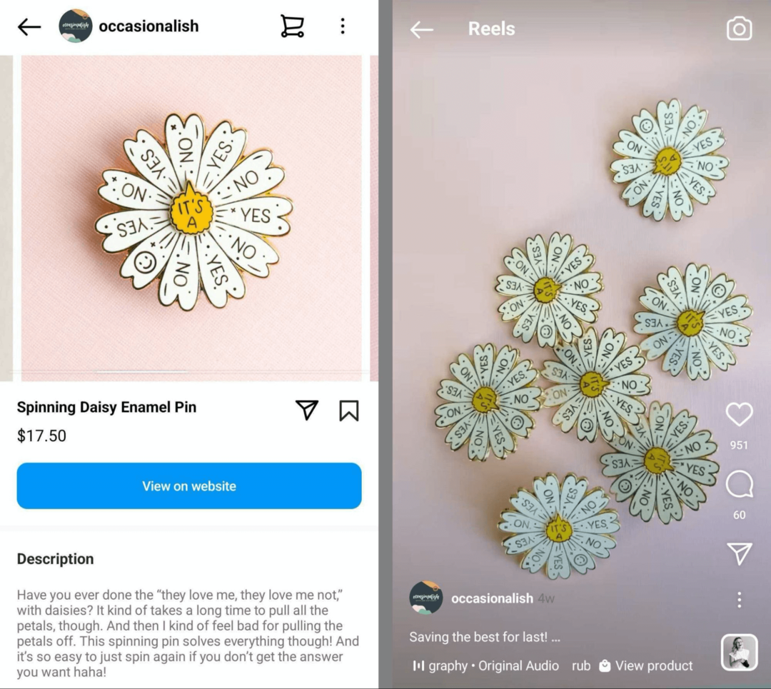 bilde av samme produkt i en Instagram-butikk og Instagram-rulle