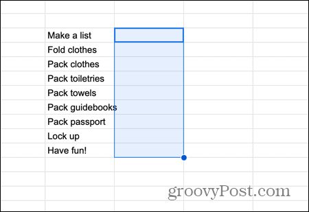 google Sheets valgte celler