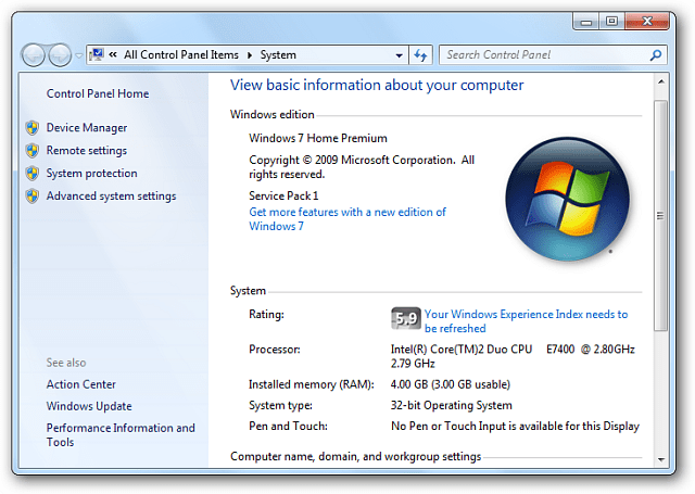WEI-verktøy Windows 7
