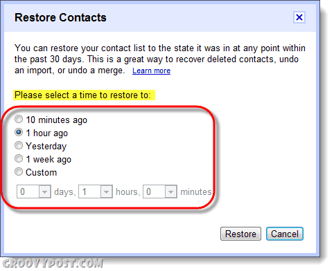 gjenopprette gmail-kontakter til spesifikk dato