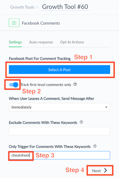 Velg Facebook Live-innlegget ditt og skriv inn nøkkelordet for seere å skrive inn for å motta tilbudet ditt.