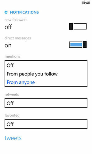 Windows Phone Twitter varslingsinnstillinger