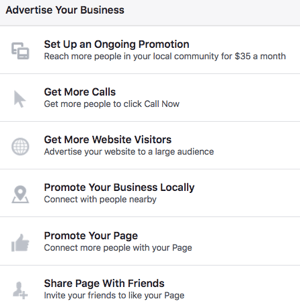 Ved å bruke en Facebook-side får du tilgang til en rekke reklamealternativer.