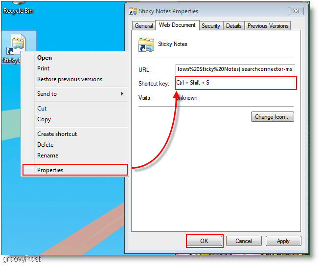 Windows 7 Opprett ny snarveistildelingsmeny: Skjermbilde