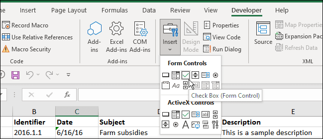 sett inn avmerkingsboks utvikler Excel