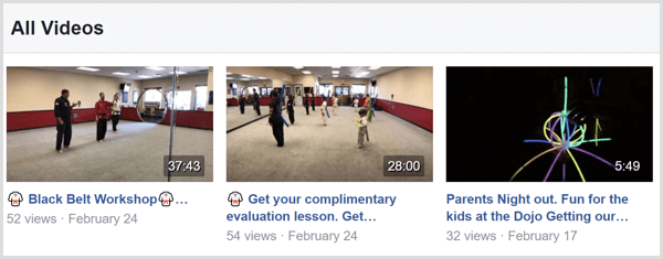 Eksempel på Facebook Live-videotitler på en Facebook-side