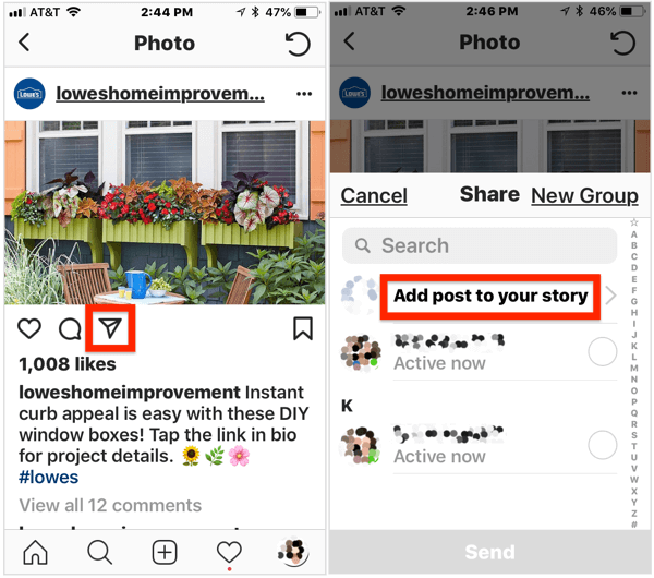 For å legge til et offentlig innlegg i Instagram-historien din, åpne innlegget, trykk på flyikonet under bildet, og velg deretter Legg til innlegg i historien din fra lokalmenyen.