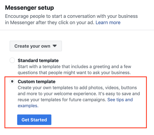 Facebook Click to Messenger-annonser, trinn 3.