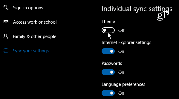 Windows 10 Individuelle synkroniseringsinnstillinger