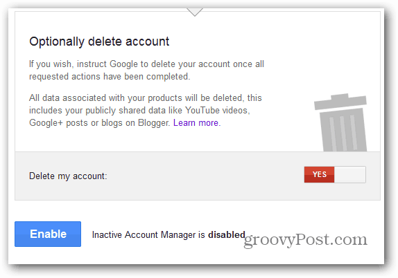 Google Inactive Account Manager aktiverer sletting