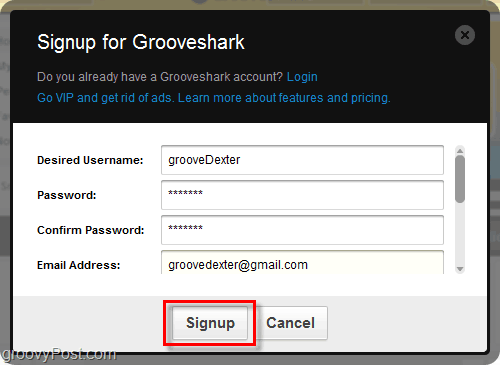 Grooveshark registreringsprosess
