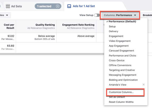 Tilpasse Facebook Ads Manager for å tilpasse kolonnene.