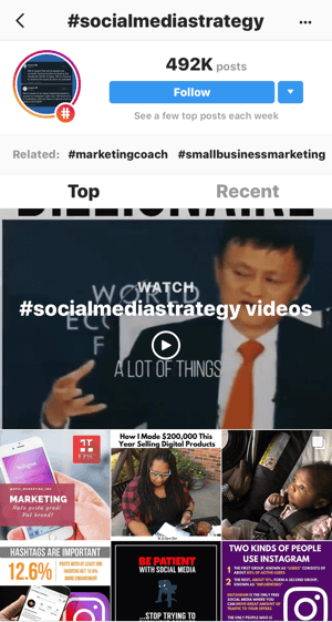 Hvordan strategisk vokse din Instagram-følge, trinn 11, finne relevante eksempelinnlegg, prøv søk etter "#socialmediastrategy" -videoer