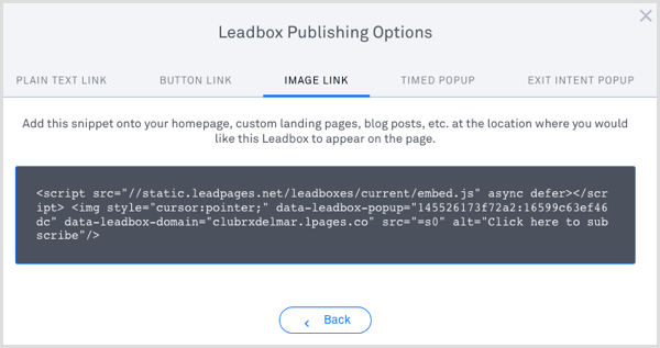 LeadPages leadbox publiserer kode 