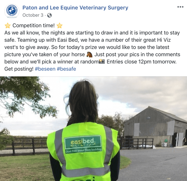 Eksempel på Facebook-innlegg med en konkurranse fra Paton og Lee Equine Veterinary Surger.