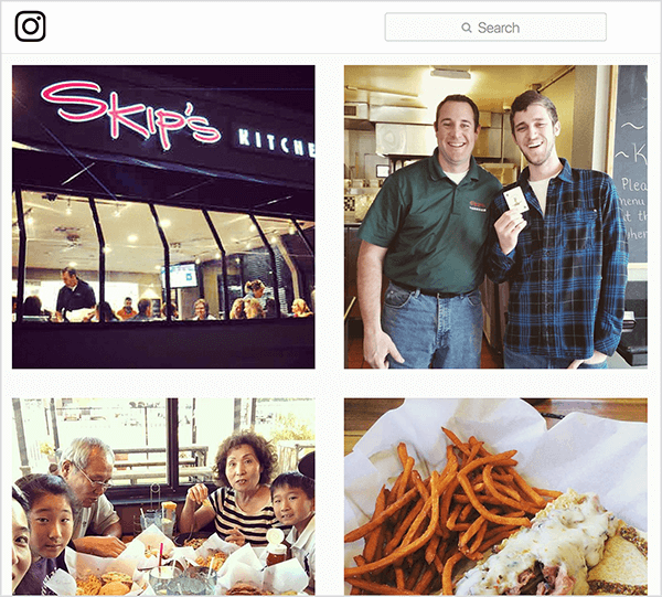 Dette er et skjermbilde av Instagram-bilder merket #skipsdiner. Den ene viser utsiden av restauranten, den ene viser en mann som holder et kort som om han har vunnet Joker-spillet, en viser en familie som spiser ved et bord, og en viser maten noen bestilte. Jay Baer sier at Joker-spillet er et eksempel på en snakkutløser.