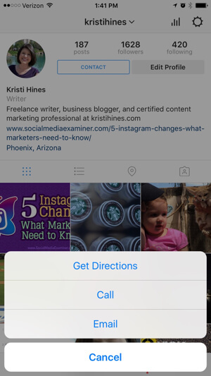 instagram forretningsprofil kontaktalternativer