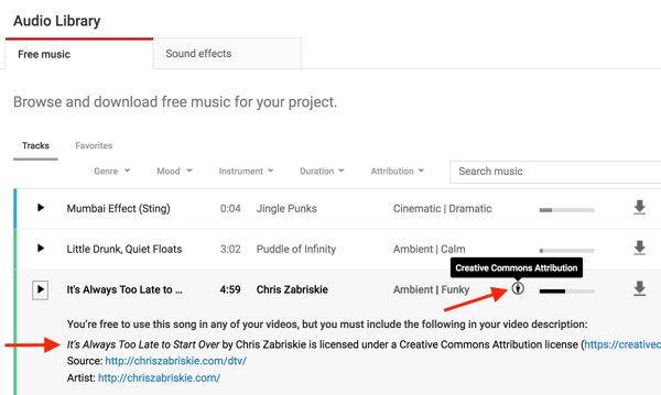 Musikkfiler i YouTube lydbibliotek vil merke om du trenger å kreditere den opprinnelige skaperen.