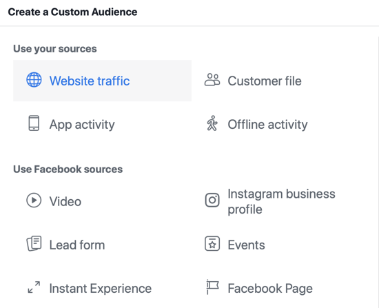 Bruk Facebook Event Setup Tool, trinn 14, Facebook-menyalternativ for å velge trafikk på nettstedet som publikumskilde