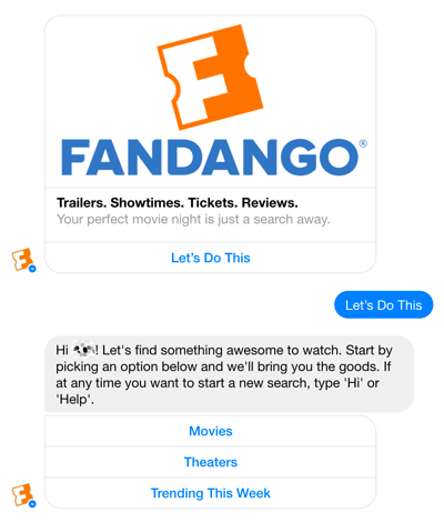 Fandangos Facebook Messenger chatbot hjelper deg med å veilede brukere gjennom filmvalg.