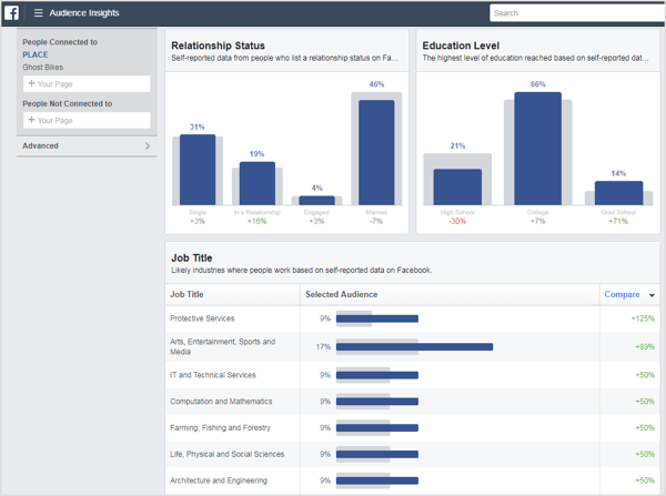 Audience Insights gir en omfattende oversikt over mer personlig statistikk som forholdsstatus, utdanningsnivå, stillingstittel og så videre.