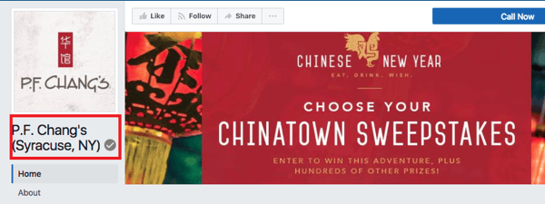 PF Changs beliggenhet i Syracuse, NY, har et grått merke for å indikere at det er en bekreftet Facebook-side.