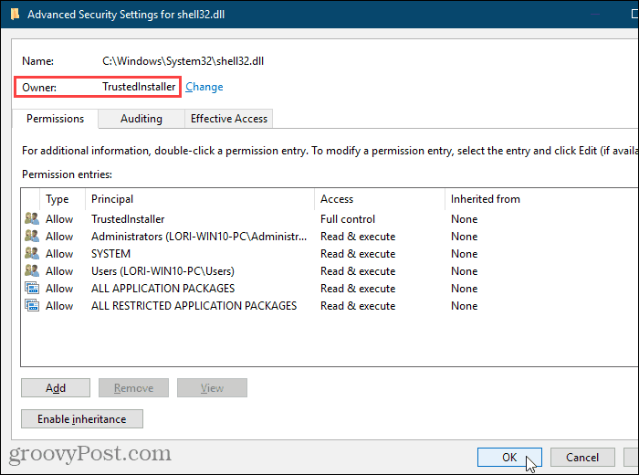 Lukk dialogboksen Avanserte sikkerhetsinnstillinger i Windows Register Editor