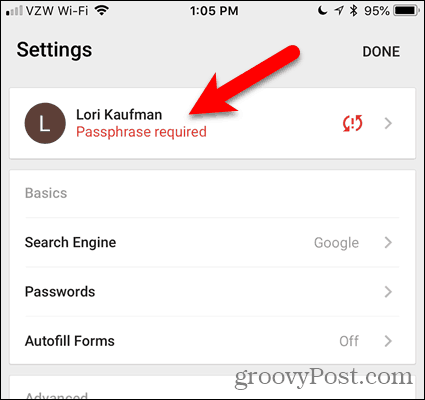 Trykk på Passphrase som kreves i Chrome for iOS