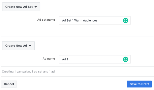 Slik målretter du varme potensielle kunder med Facebook Messenger-annonser, trinn 3, innstillinger for navn og annonseinnstillinger