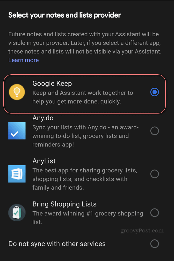 Google Assistant leverandør av Google Keep-innstillinger