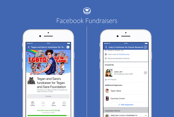 Facebook-sider for merkevarer og offentlige personer kan nå bruke Facebooks innsamlingsaksjoner til å samle inn penger til ideelle organisasjoner, og ideelle organisasjoner kan gjøre det samme på sine egne sider.