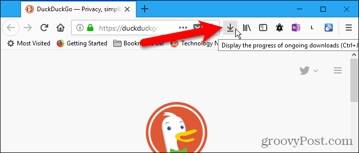 Nedlastinger-knapp på verktøylinjen i Firefox