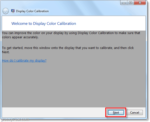 Windows 7 viser velkomstvindu for fargekalibrering