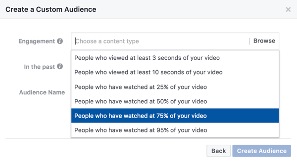 For en tilpasset målgruppe basert på videoengasjement, kan du velge hvor mye av videoen din noen trenger å se for å se retargeting-annonsen din.