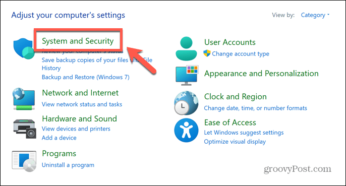 Windows kontrollpanelsystem og sikkerhet