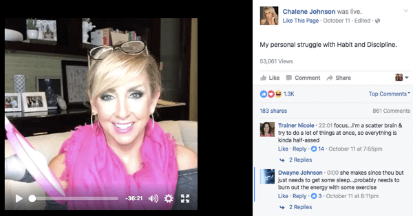 Facebook Live-videoinnlegg på Chalenes Facebook-side.